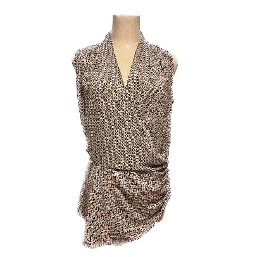 Chelsea 28 Geometric Khaki-Orange-White wrap top with side buttons, Size Small